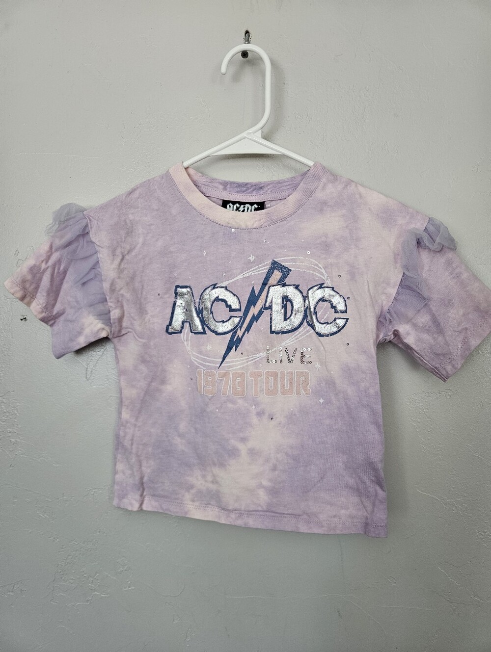 AC/DC Cotton On Girls 7 Lavender Tie-Dye Graphic Tee with Ruffle Sleeves Purple